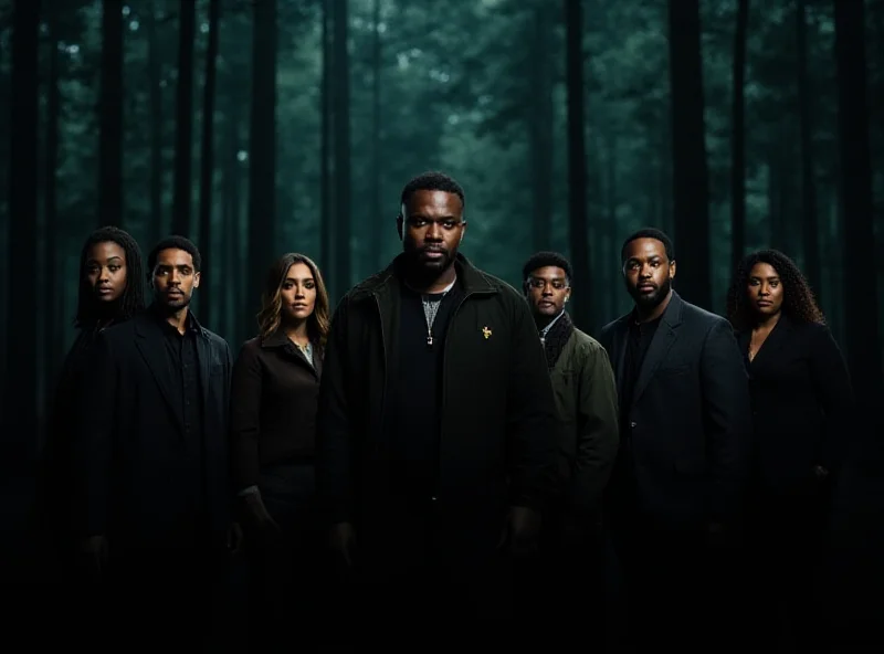 A promotional image for a new Hulu show, featuring mysterious characters and a dramatic backdrop