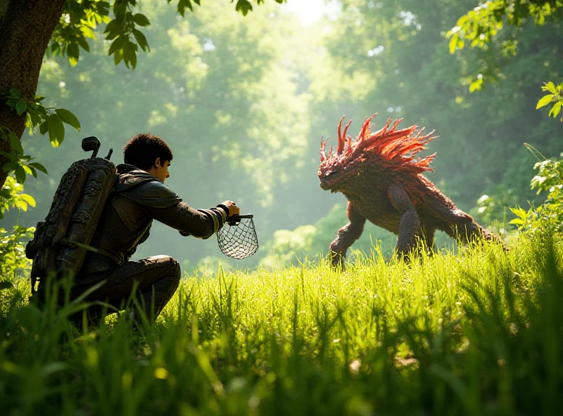 A hunter in Monster Hunter Wilds preparing to capture a monster with a net.