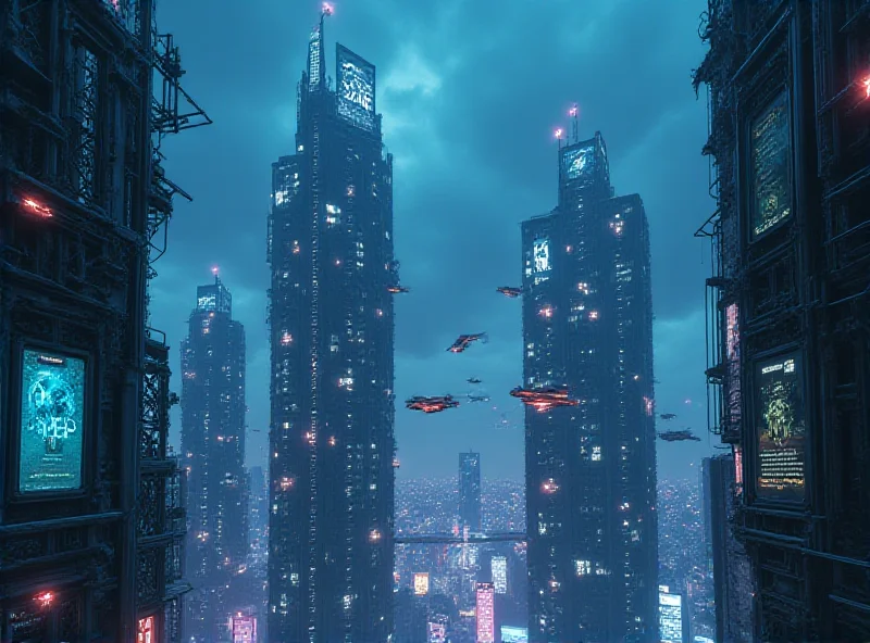 A futuristic cityscape with flying vehicles, representing the themes of Mickey 17.