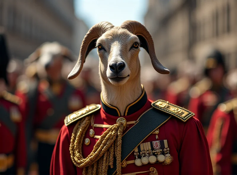 A regimental goat wearing a ceremonial uniform. The goat is standing proudly with its head held high, looking directly at the camera. The background is blurred, suggesting a parade or official event.