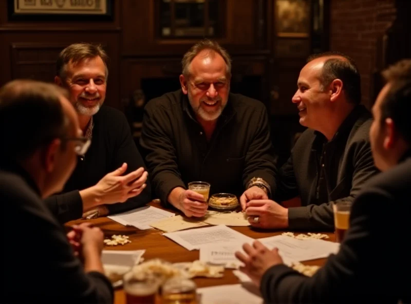 A group of people gathered around a table, participating in a pub quiz. They are looking at quiz sheets and discussing answers, with drinks and snacks scattered on the table. The atmosphere is relaxed and friendly.