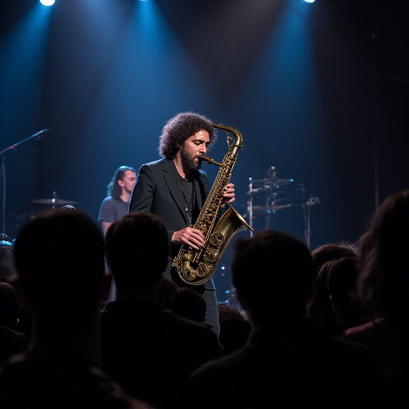 Alabaster DePlume performing live on stage. He is playing a saxophone with a focused expression. The lighting is dramatic, with spotlights highlighting him against a dark background. The audience is visible in the background, engaged in the performance.