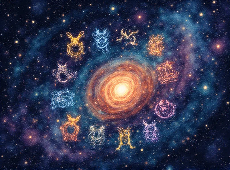 A colorful and artistic rendering of zodiac signs in a cosmic setting, with stars and swirling galaxies in the background.