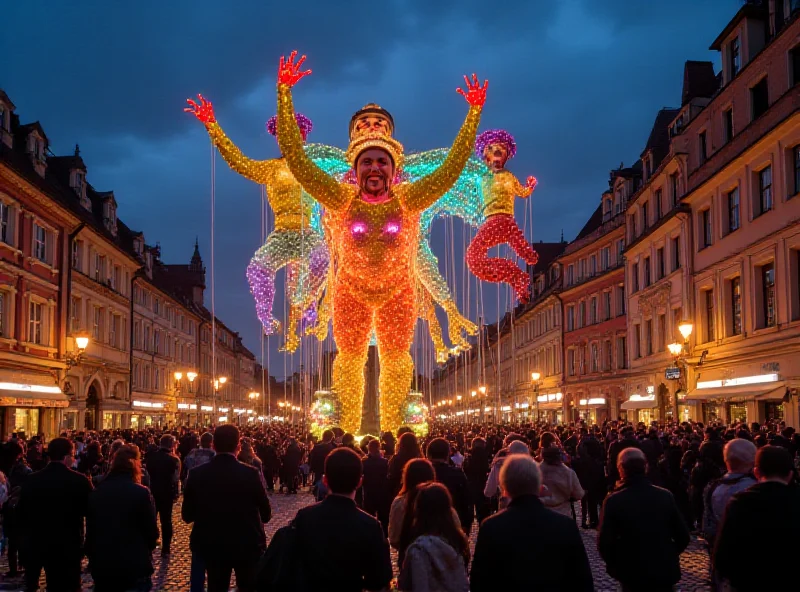 A vibrant image of a town square in Plzeň, Czech Republic, filled with people gazing up at a giant, illuminated puppet of a father and daughter. The puppets are brightly colored and intricately designed, creating a sense of wonder and excitement in the crowd.