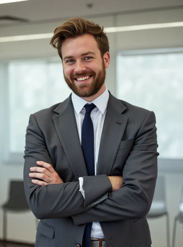 A candid shot of Jonny Heaver, a young entrepreneur, looking slightly embarrassed but smiling good-naturedly. He is standing in a modern office setting.