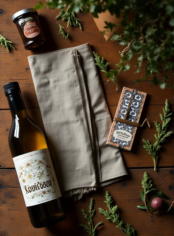 An assortment of unique and thoughtful dinner party gifts, including fancy olive oil, stylish tea towels, and artisanal snacks.
