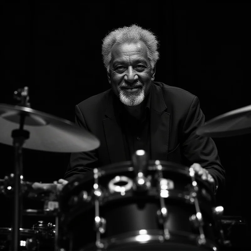 Black and white portrait of Billy Hart playing the drums, focused and smiling slightly.