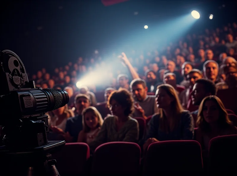 A movie projector shining light onto a crowd of people, implying a film screening.