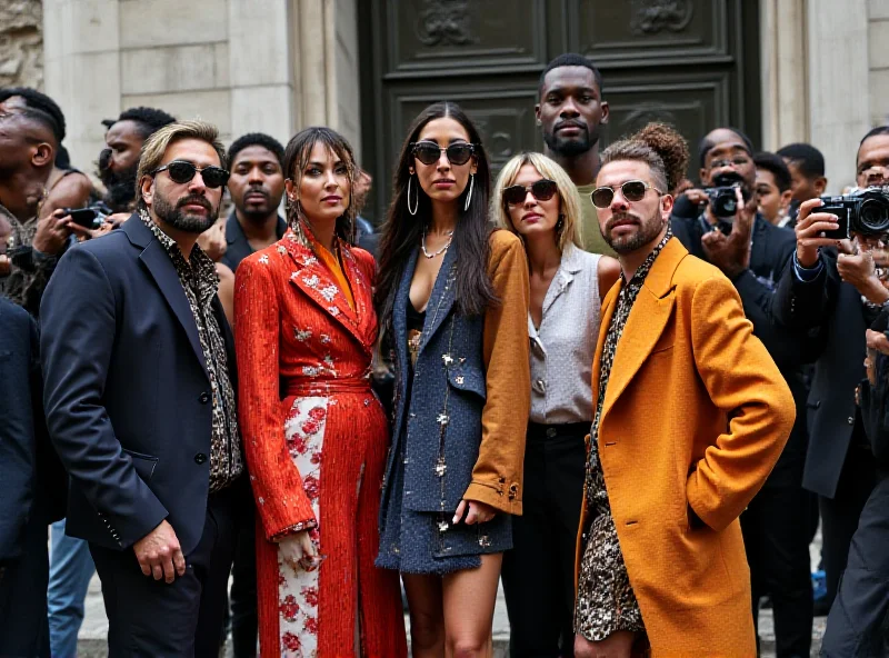 A group of fashionable people posing for photographs outside a fashion show venue during Milan Fashion Week.