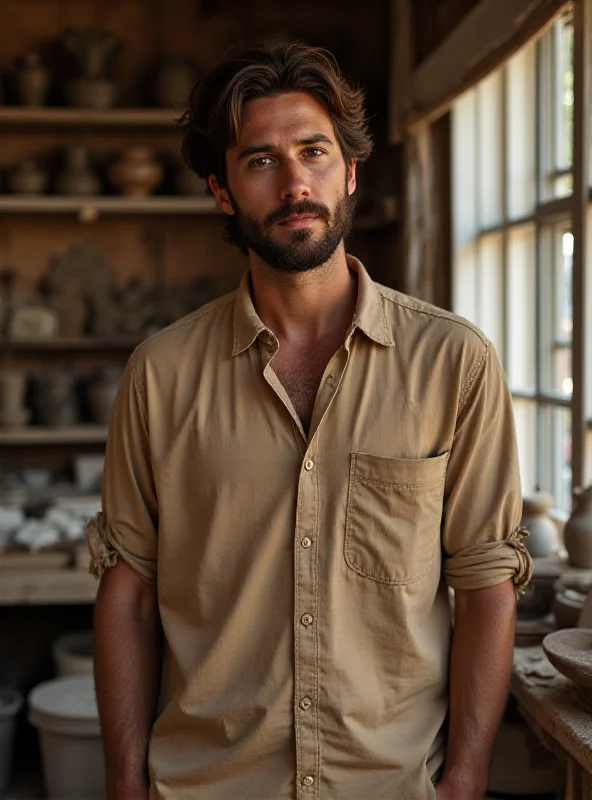 A portrait of Juan Hamilton, a man with a thoughtful expression, standing in front of a pottery wheel.