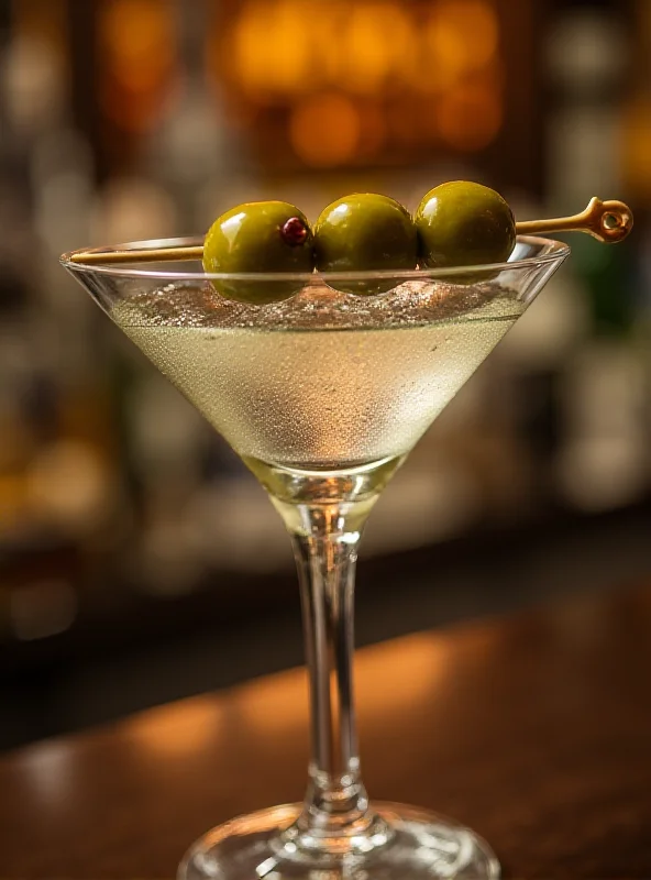 Close up of a martini glass with olives.