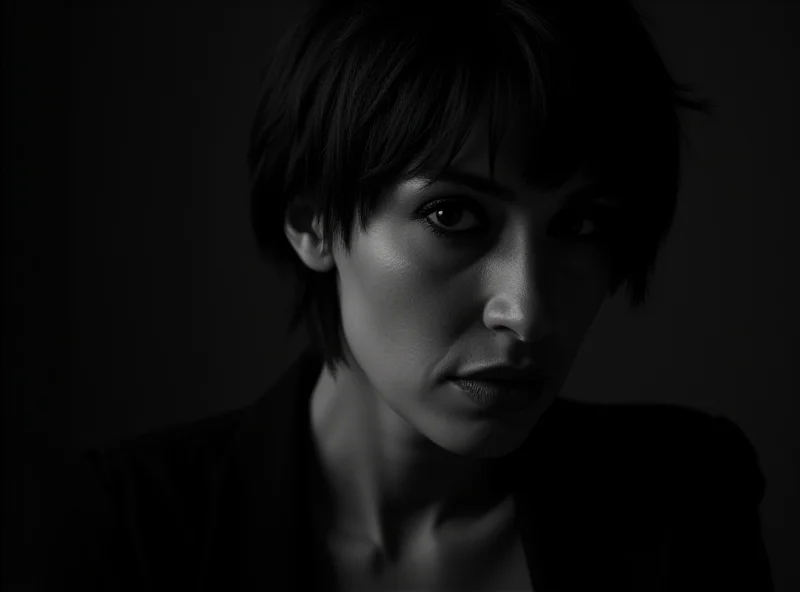 A powerful black and white photograph of a woman, possibly related to the Female in Focus awards, showcasing strength and resilience.
