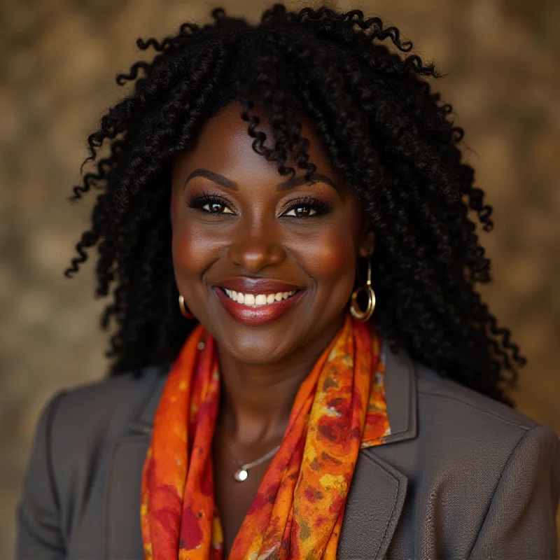 A portrait of Angie Stone, the soul singer, looking directly at the camera with a warm and inviting smile.