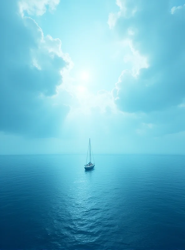 A serene seascape with a lone boat sailing into the distance. The sky is filled with dramatic clouds.