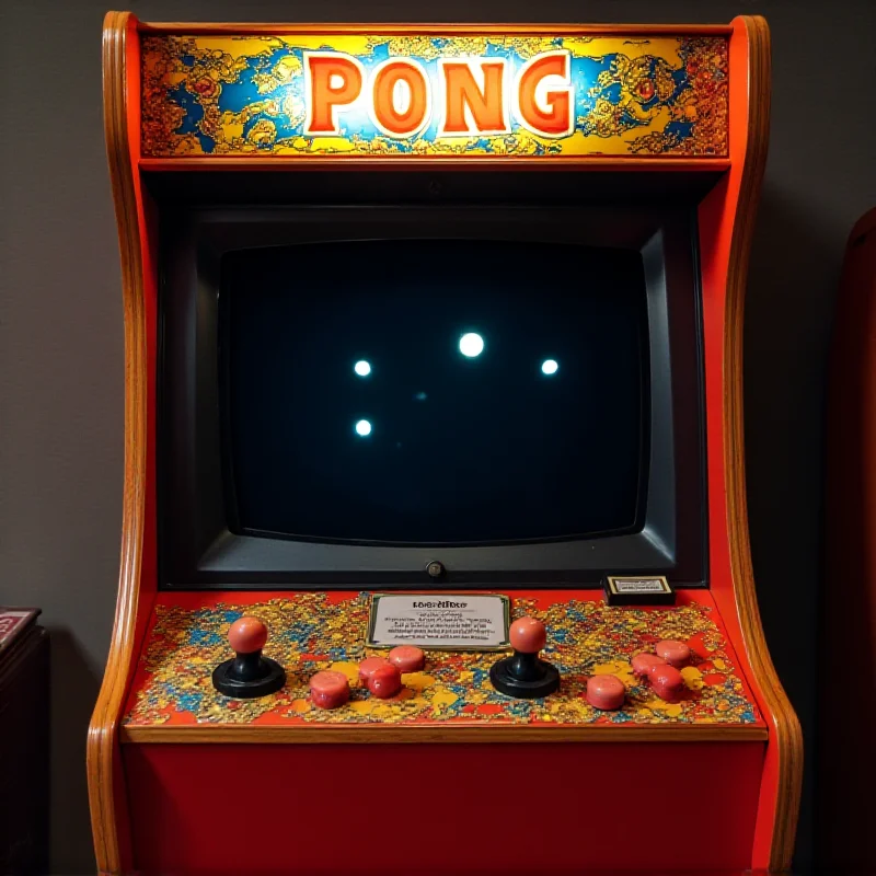 A retro arcade cabinet displaying the classic video game Pong. The screen shows the simple graphics of the game.