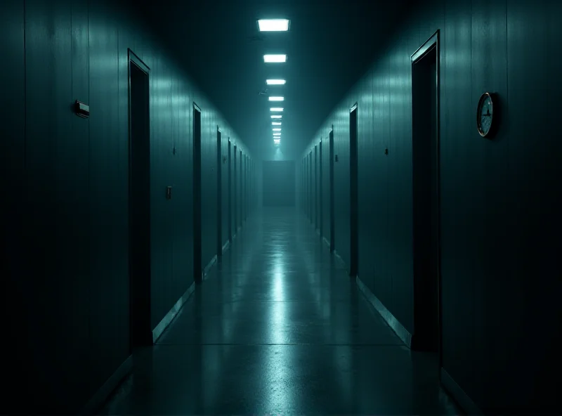 A dimly lit hallway in Lumon Industries, with identical office doors on either side, creating a sense of mystery and corporate conformity.