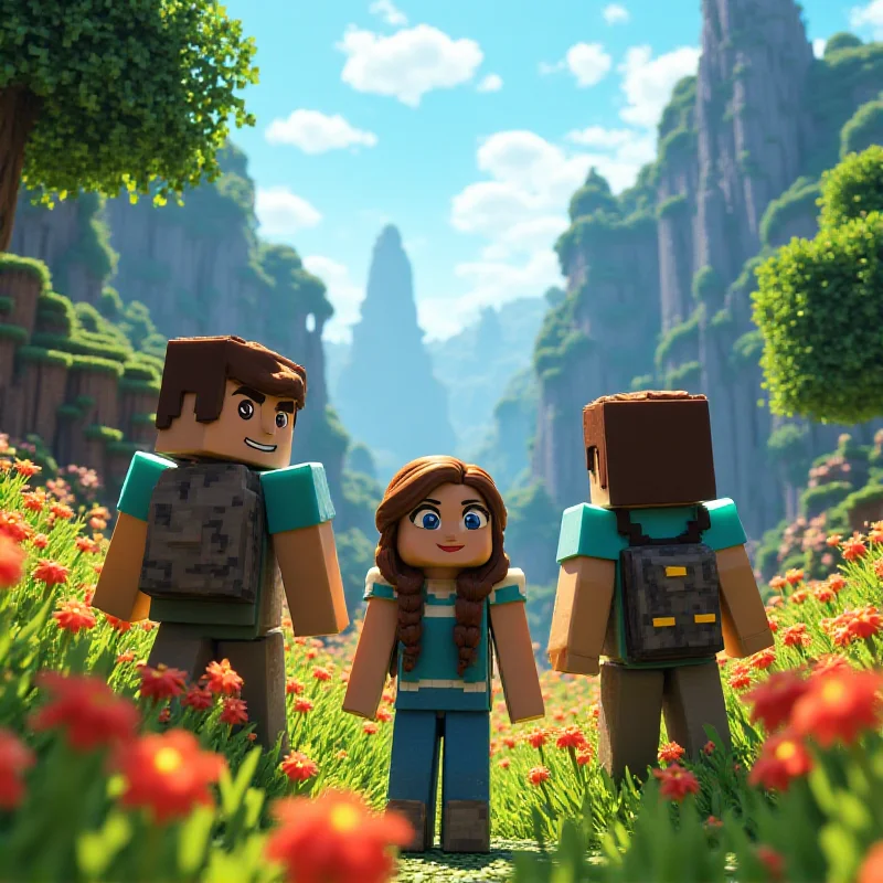A scene from the Minecraft movie trailer, showing the main characters exploring a vibrant, blocky landscape.