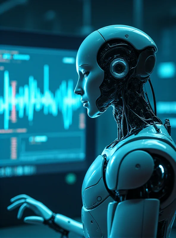 A futuristic scene depicting a robot dubbing a film, with waveforms and AI symbols overlaid.