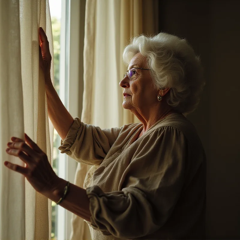 An older woman, looking elegant but slightly worried, examining a curtain in a modestly furnished apartment.