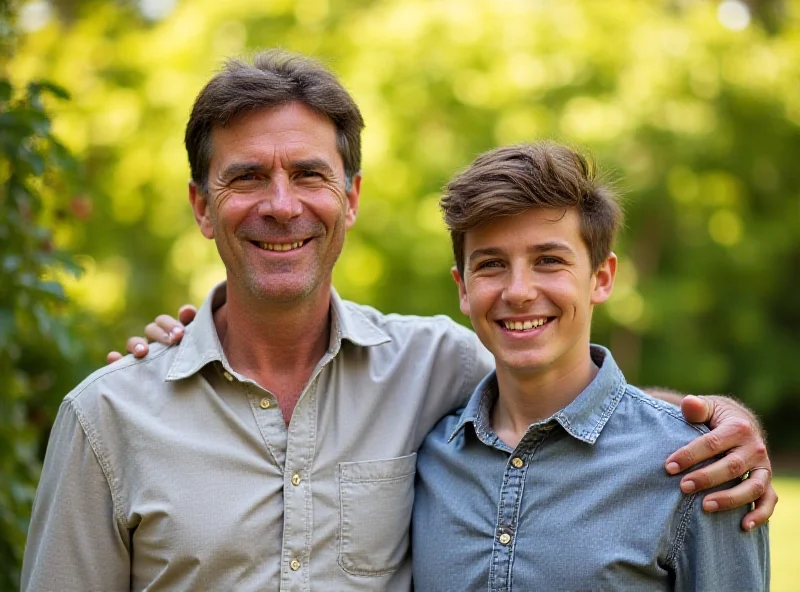 Raphael and Gustavo Batista, father and son, smiling at the camera in a sunny outdoor setting.
