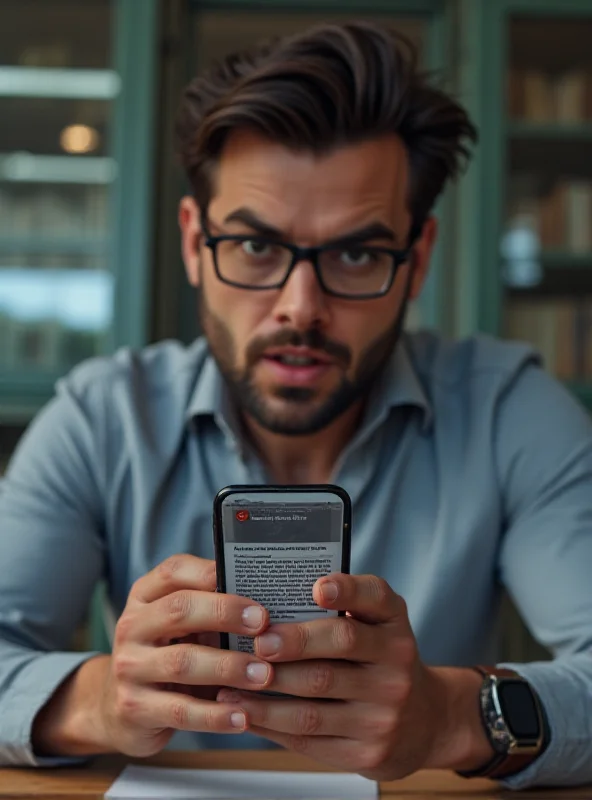 A person looking skeptically at a phone screen, representing fact-checking.
