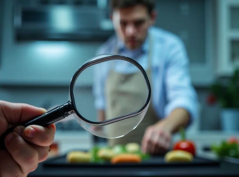 A close-up of a television screen showing a cooking show, with a magnifying glass pointed at a specific detail, indicating an editing error.