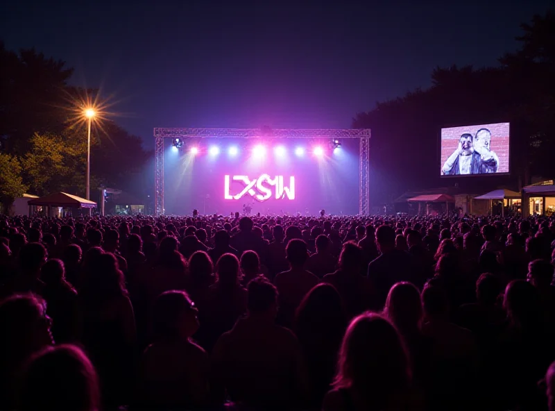 Crowd enjoying an outdoor concert at SXSW festival at night with bright stage lights and excited audience.