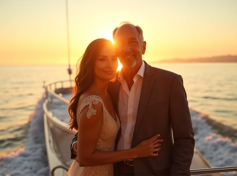 Jeff Bezos and Lauren Sanchez embracing on a yacht at sunset.