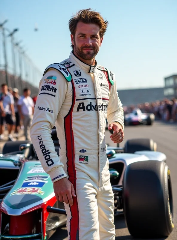 Brooklyn Beckham in a racing suit standing next to a race car.