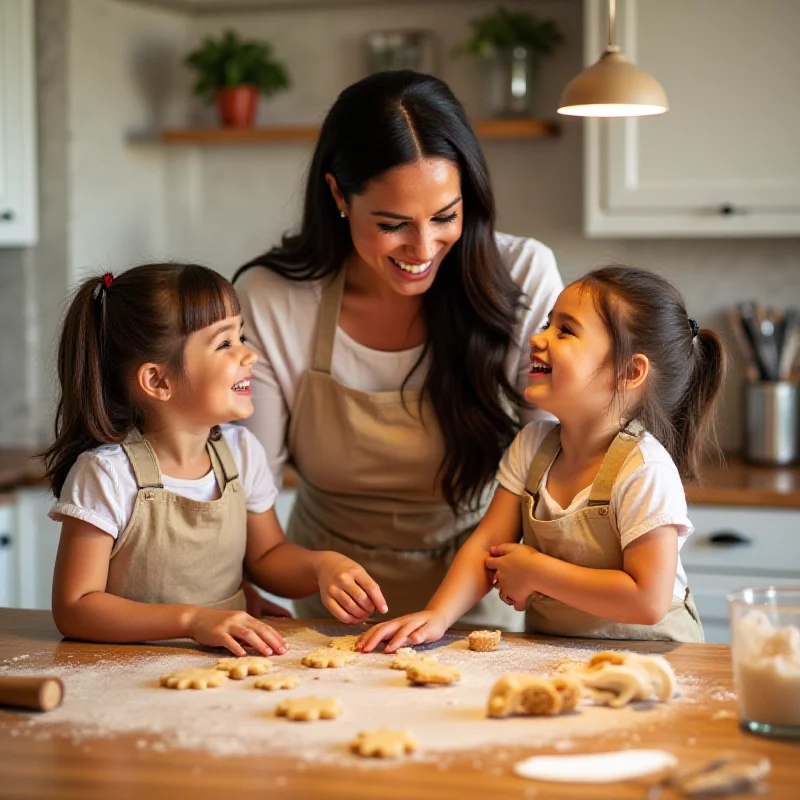 Meghan Markle, wearing an apron, laughing with her children in a bright kitchen.