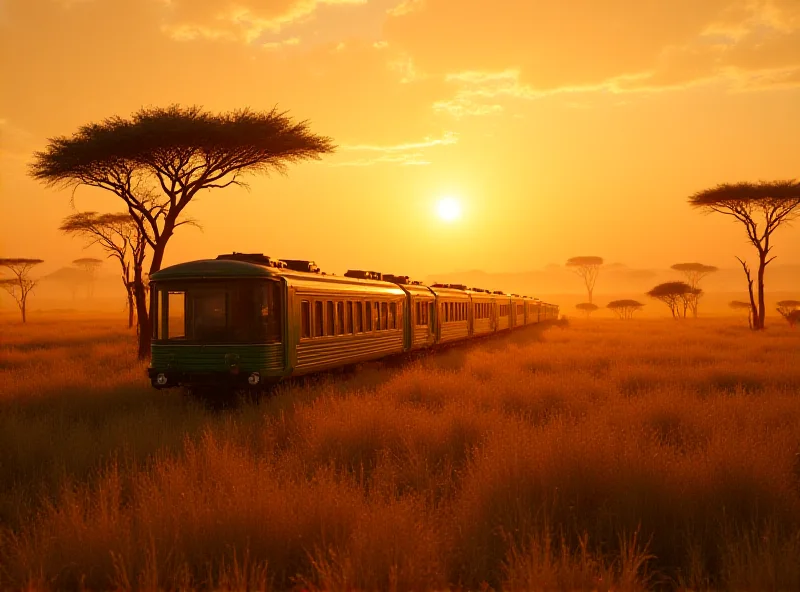 A luxurious train traveling through the African savanna.