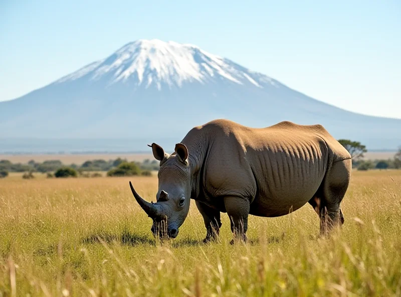 A northern white rhinoceros grazing in a protected area in Kenya.