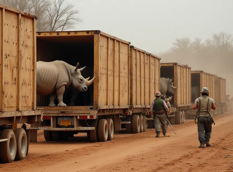 A group of white rhinoceroses being transported in a crate in South Africa.