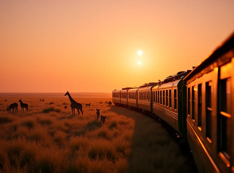 Luxury train traveling through the African savanna at sunset
