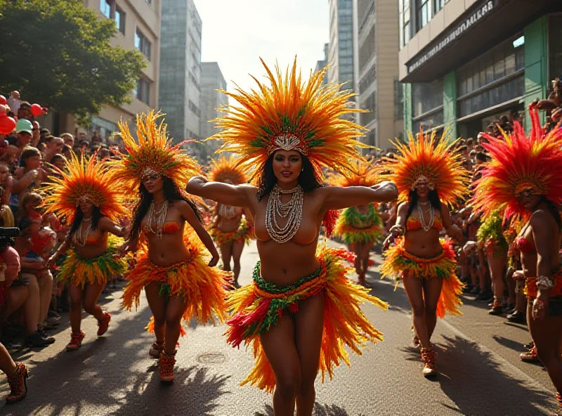 A vibrant scene of a Carnaval parade, with dancers in elaborate costumes performing in front of a large crowd, showcasing the energy and cultural significance of the event.
