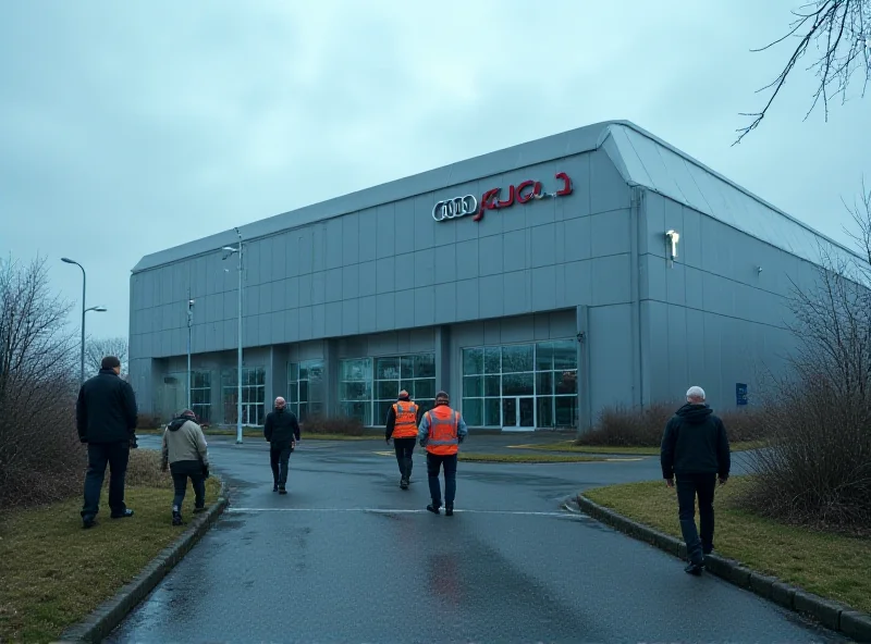 Exterior view of the Audi factory in Brussels, with workers visible in the foreground, conveying a sense of closure and job losses.