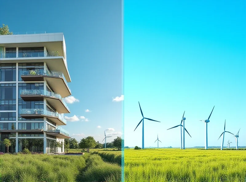 A split image showing a modern apartment building representing real estate and a wind turbine farm representing Iberdrola's energy investments.