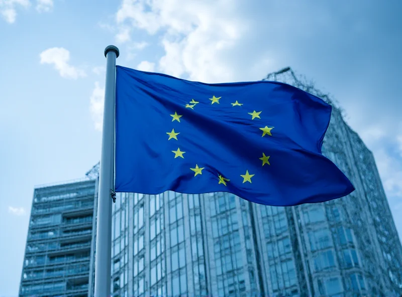 European Union flag waving in front of the Berlaymont building in Brussels.