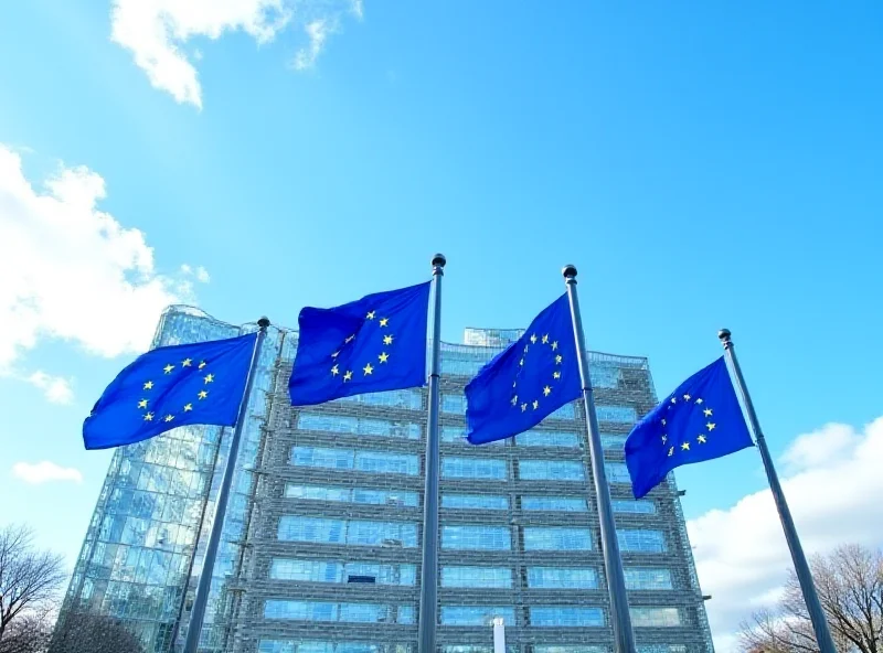 European Commission building in Brussels with EU flags waving in the wind.