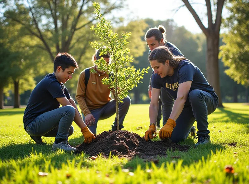 A group of volunteers planting trees in a park on a sunny day.