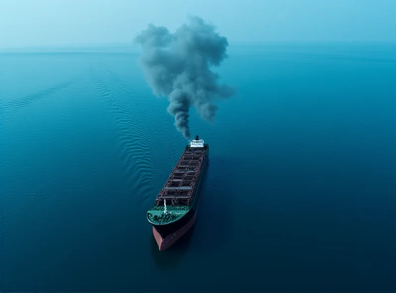 Aerial view of a cargo ship releasing dark smoke into the air and sea.