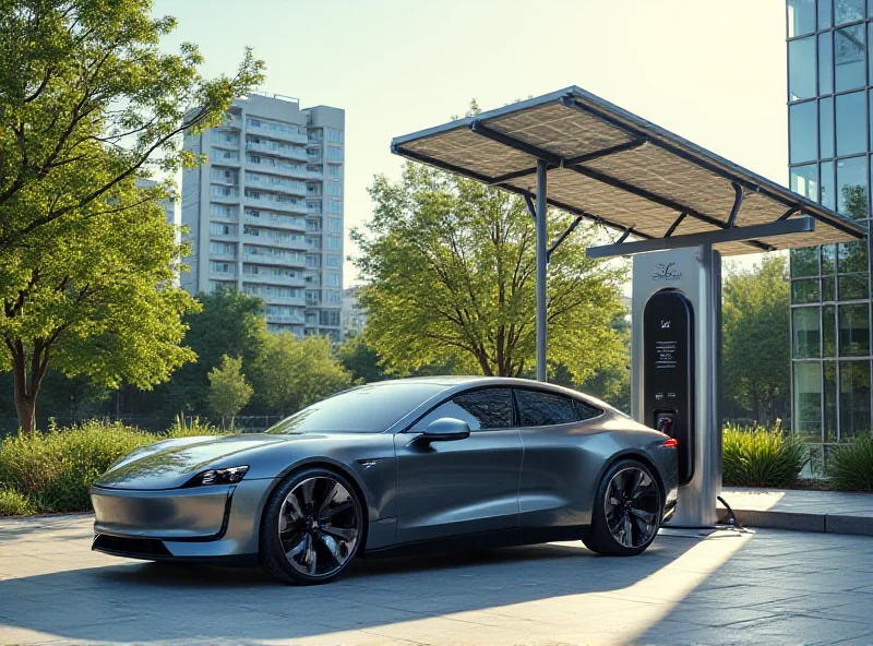 A modern electric car charging at a charging station with solar panels in the background.