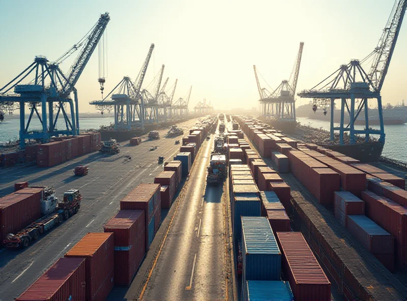 A busy port scene with cargo ships and containers, symbolizing global trade and supply chains.