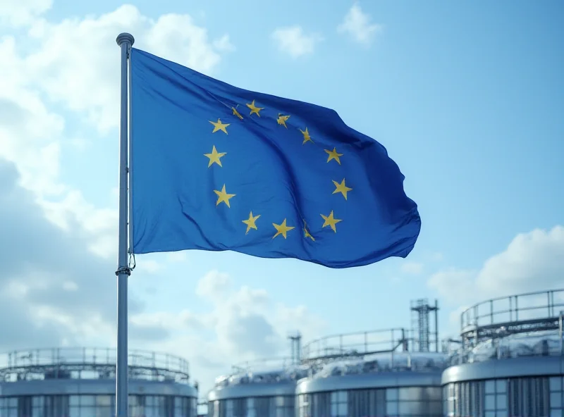 European Union flag waving in front of a natural gas storage facility.
