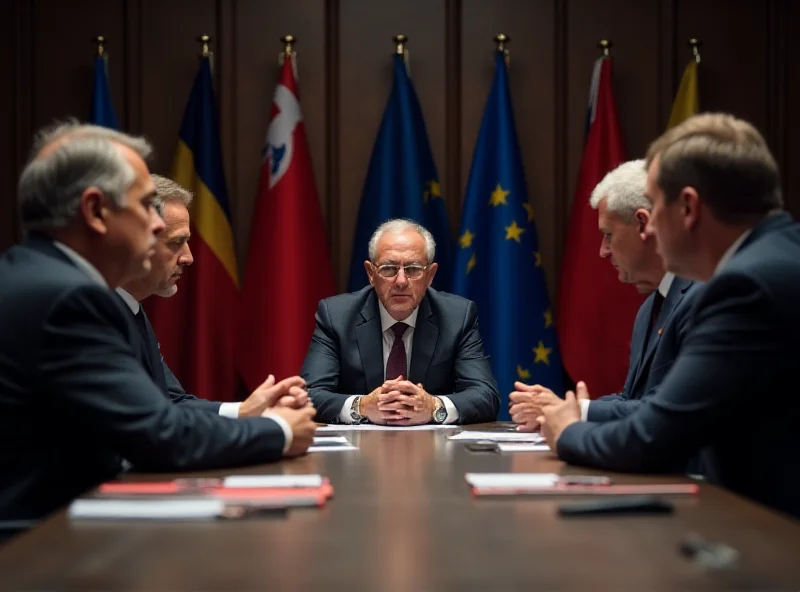 A tense meeting of European Union leaders, with flags in the background.