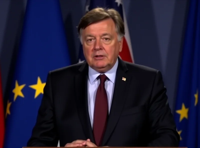 Viktor Orbán speaking at a press conference with EU flags in the background.