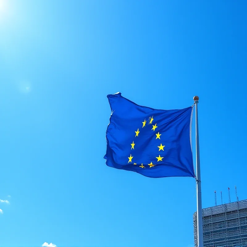 The European flag waving in front of the European Parliament building.