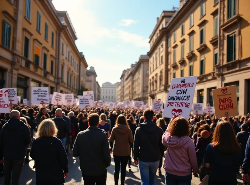 A group of protestors holding signs and banners during a demonstration in Italy.