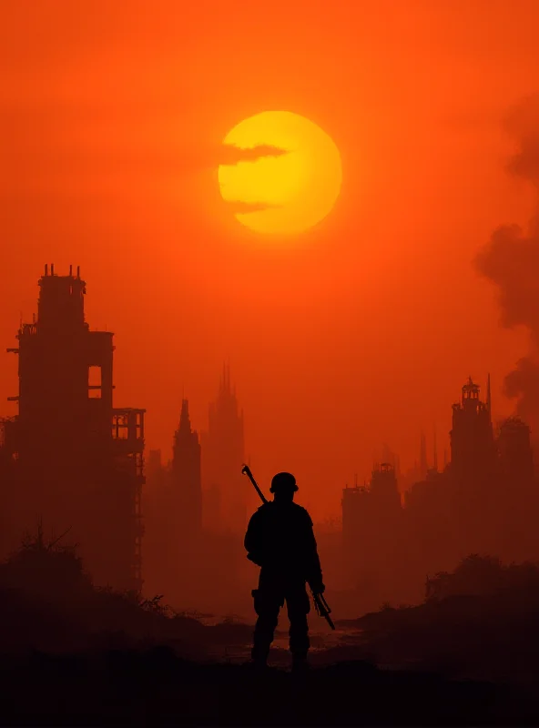 Silhouette of a soldier holding a rifle against a war-torn cityscape at sunset.
