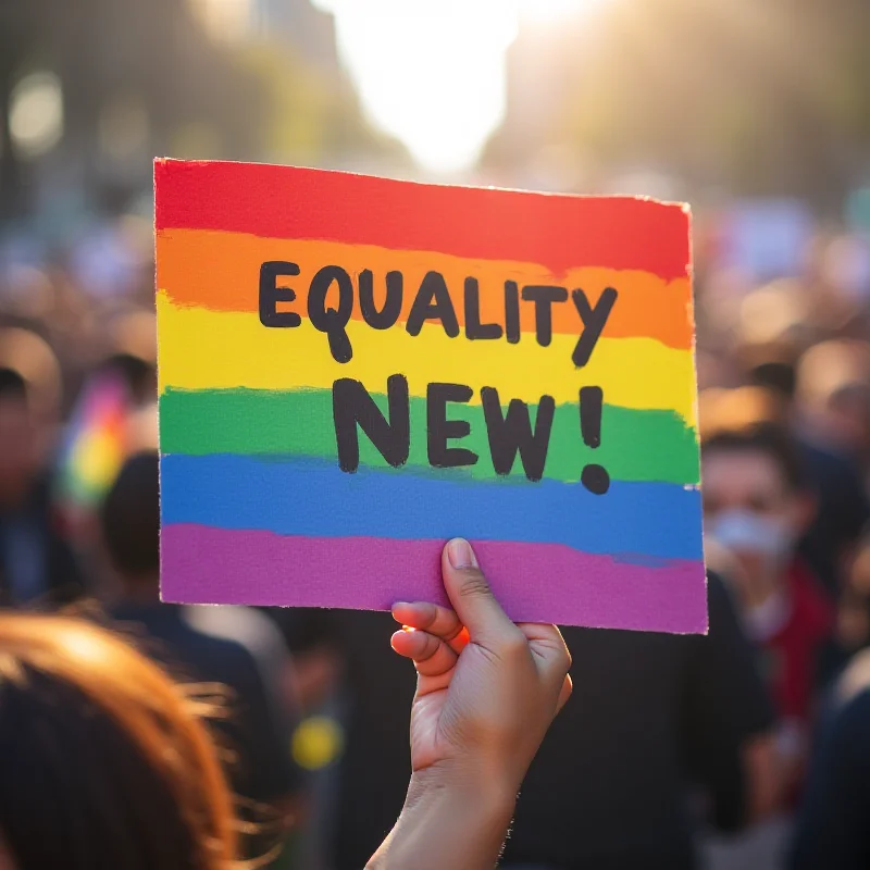 A protest sign with the rainbow LGBTQ+ flag colors and the words 'Equality Now!' in bold letters.